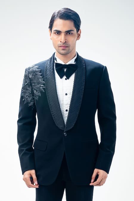 Shop_Kommal Sood_Black Cupro Embroidered Sequin Floral Tuxedo Set _Online_at_Aza_Fashions