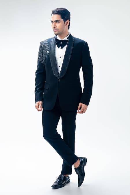 Kommal Sood_Black Cupro Embroidered Sequin Floral Tuxedo Set _at_Aza_Fashions