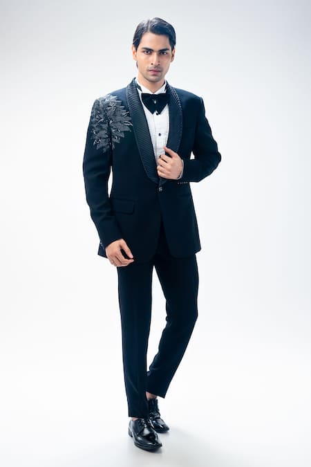 Buy_Kommal Sood_Black Cupro Embroidered Sequin Floral Tuxedo Set 