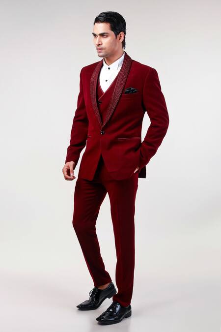 Kommal Sood_Wine Cupro Embroidered Cutdana Tuxedo Pant Set  _at_Aza_Fashions