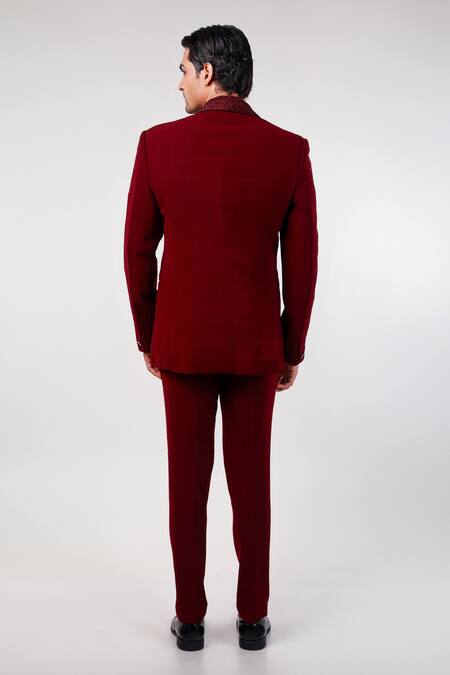Kommal Sood Wine Embroidered Tuxedo Set 