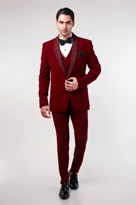 Kommal Sood_Wine Cupro Embroidered Cutdana Tuxedo Set _Online_at_Aza_Fashions