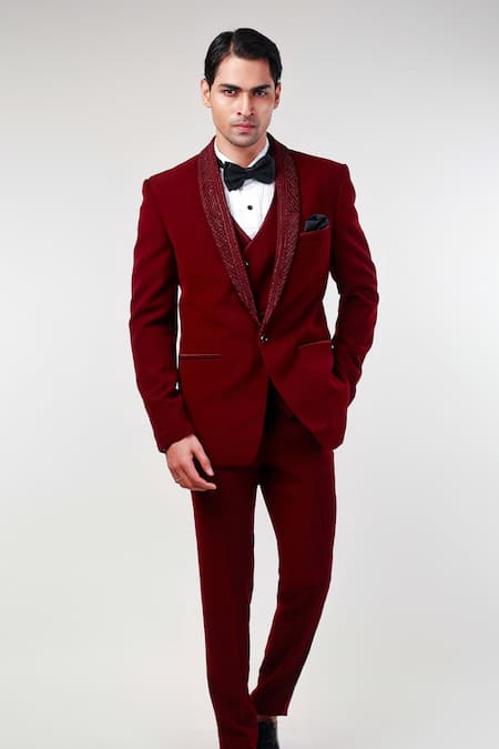 Buy_Kommal Sood_Wine Cupro Embroidered Cutdana Tuxedo Set _Online_at_Aza_Fashions