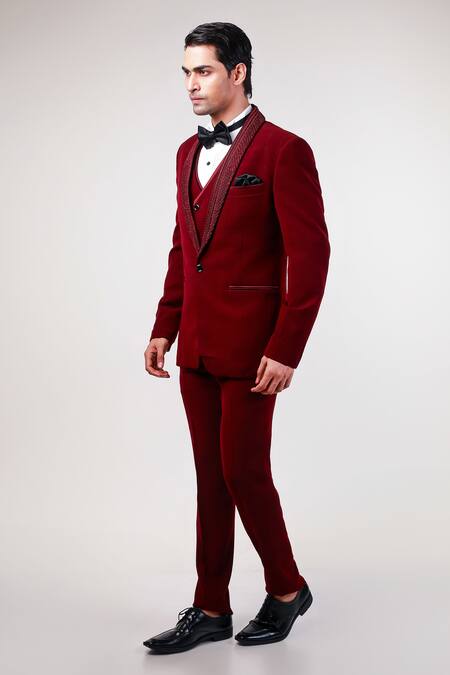 Shop_Kommal Sood_Wine Cupro Embroidered Cutdana Tuxedo Set _Online_at_Aza_Fashions