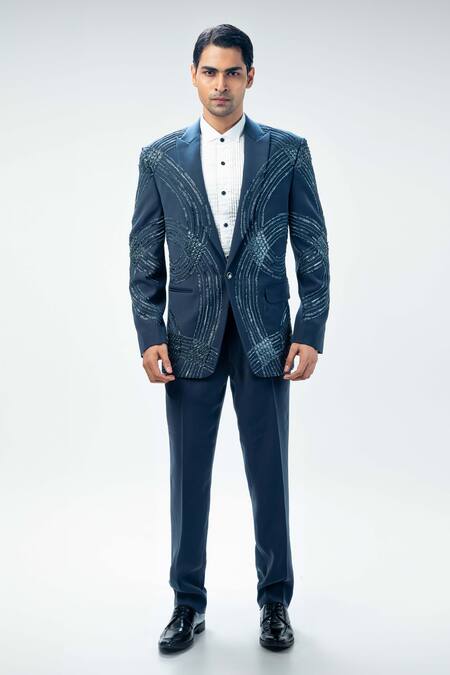 Shop Kommal Sood Grey Cupro Embroidered Cutdana Abstract Tuxedo Pant Set Online at Aza Fashions Shop_Kommal Sood_Grey Cupro Embroidered Cutdana Abstract Tuxedo Pant Set _Online_at_Aza_Fashions