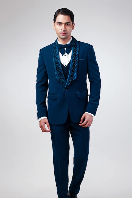 Kommal Sood_Blue Cupro Lapel Collar Tuxedo Pant Set  _Online_at_Aza_Fashions