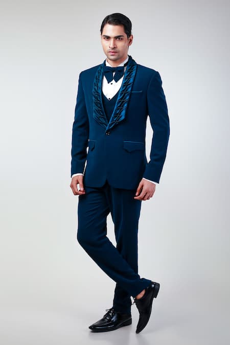 Buy_Kommal Sood_Blue Cupro Lapel Collar Tuxedo Pant Set  _Online_at_Aza_Fashions