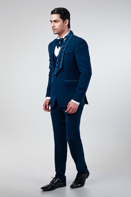 Shop_Kommal Sood_Blue Cupro Lapel Collar Tuxedo Pant Set  _Online_at_Aza_Fashions