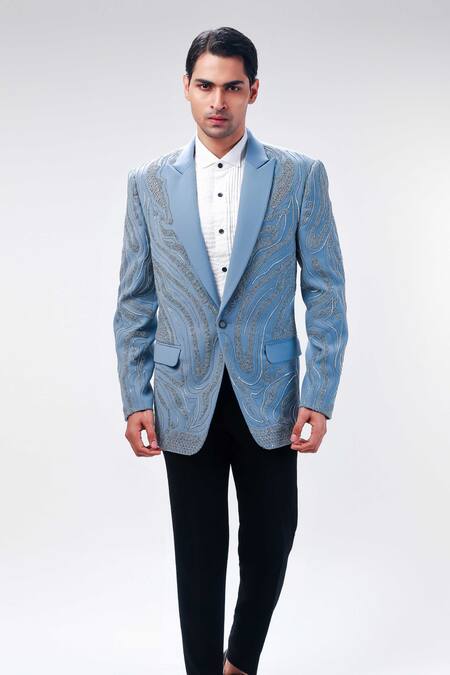 Shop Kommal Sood Grey Cupro Embroidered Cutdana And Sequin Tuxedo Pant Set Online at Aza Fashions Shop_Kommal Sood_Grey Cupro Embroidered Cutdana And Sequin Tuxedo Pant Set _Online_at_Aza_Fashions