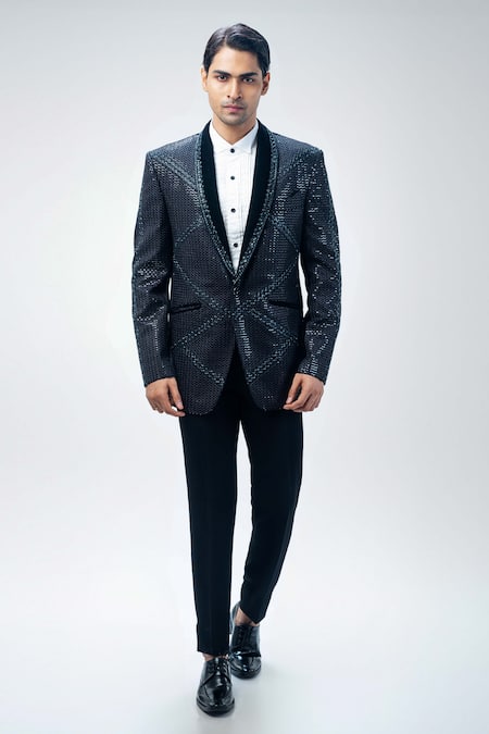 Kommal Sood_Black Velvet Embroidered Cutdana Checkered Pattern Tuxedo Pant Set  _Online_at_Aza_Fashions