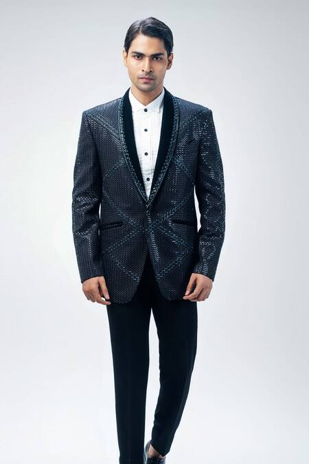 Buy_Kommal Sood_Black Velvet Embroidered Cutdana Checkered Pattern Tuxedo Pant Set  _Online_at_Aza_Fashions