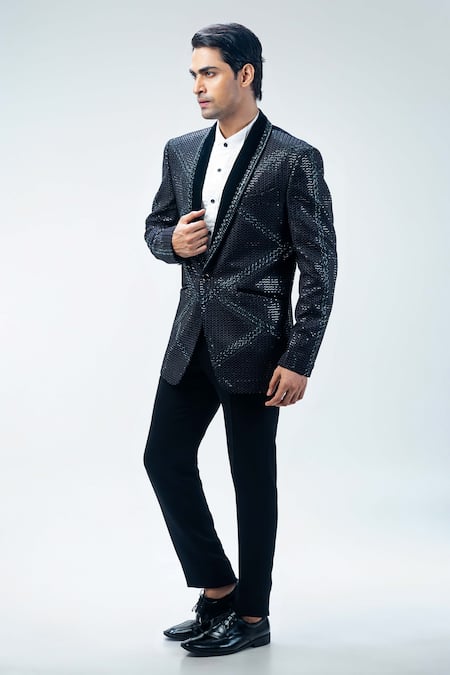 Shop_Kommal Sood_Black Velvet Embroidered Cutdana Checkered Pattern Tuxedo Pant Set  _Online_at_Aza_Fashions