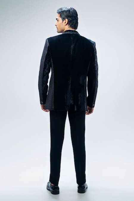 Kommal Sood_Black Velvet Embroidered Cutdana Tuxedo Set _Online_at_Aza_Fashions