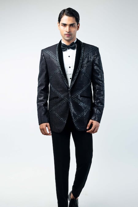 Buy_Kommal Sood_Black Velvet Embroidered Cutdana Tuxedo Set _Online_at_Aza_Fashions