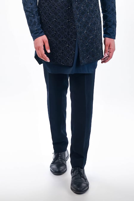 Buy_Kommal Sood_Blue Jacquard Hand Embroidery Cutdana Navy Bundi Kurta Set _Online_at_Aza_Fashions