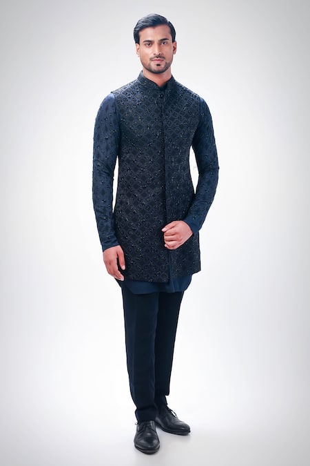Shop_Kommal Sood_Blue Jacquard Hand Embroidery Cutdana Navy Bundi Kurta Set _Online_at_Aza_Fashions