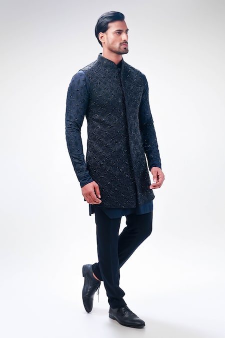 Buy_Kommal Sood_Blue Jacquard Hand Embroidery Cutdana Navy Bundi Kurta Set 