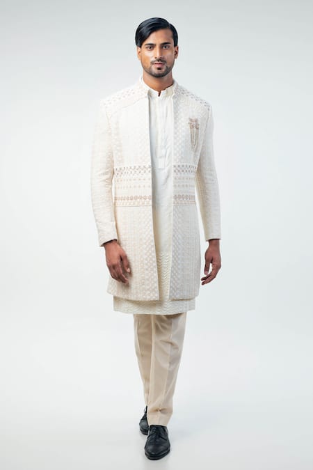 Kommal Sood Off White Cotton Silk Hand Embroidery Floral Sherwani Trouser Set  