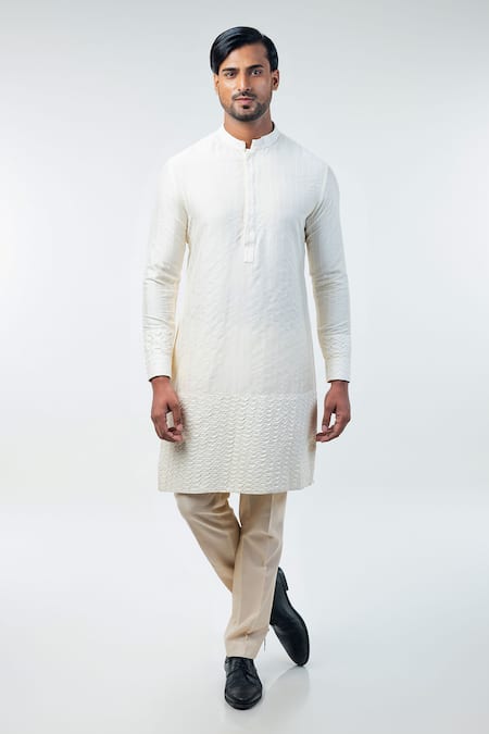 Kommal Sood_Off White Cotton Silk Hand Embroidery Floral Sherwani Trouser Set _Online_at_Aza_Fashions
