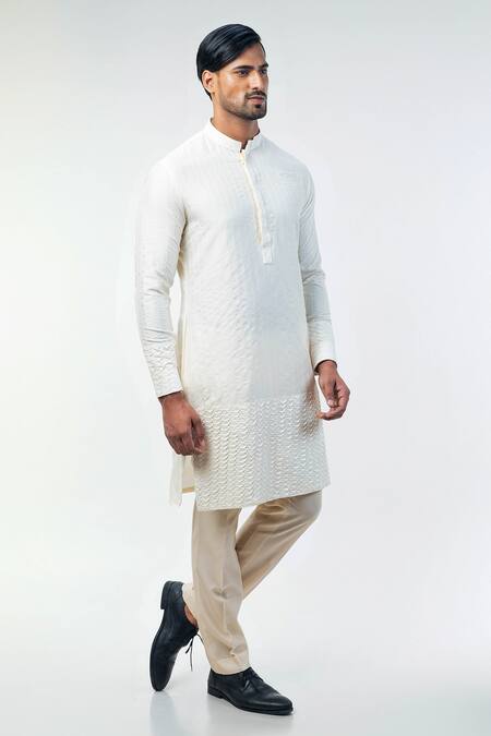 Buy_Kommal Sood_Off White Cotton Silk Hand Embroidery Floral Sherwani Trouser Set _Online_at_Aza_Fashions