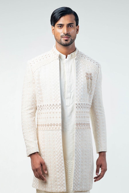 Kommal Sood_Off White Cotton Silk Hand Embroidery Floral Sherwani Trouser Set _at_Aza_Fashions