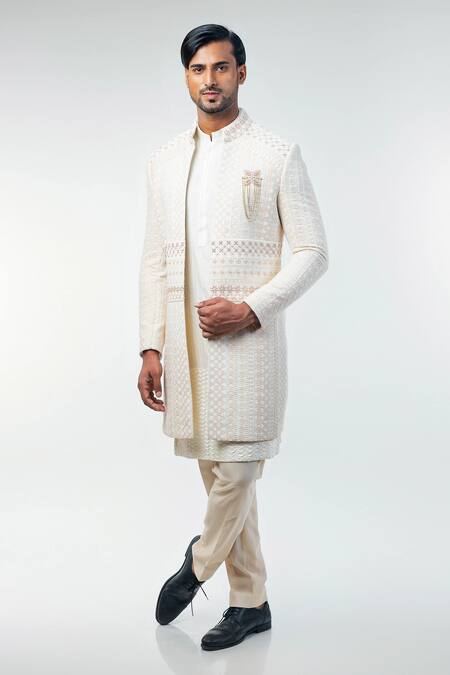Buy_Kommal Sood_Off White Cotton Silk Hand Embroidery Floral Sherwani Trouser Set 