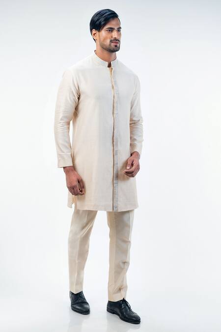 Kommal Sood Off White Cotton Silk Embroidered Placket Geometric Kurta With Trouser  