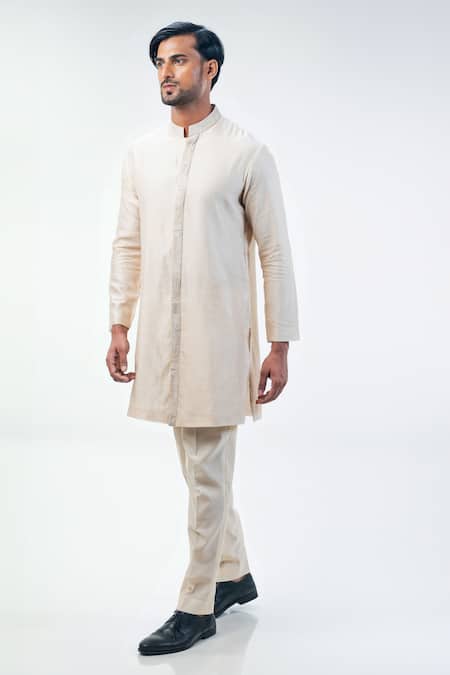 Buy_Kommal Sood_Off White Cotton Silk Hand Embroidery Abstract Sherwani Trouser Set  _Online_at_Aza_Fashions