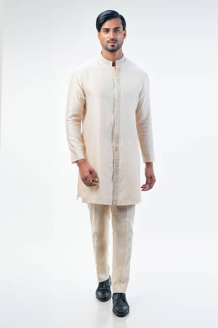 Shop_Kommal Sood_Off White Cotton Silk Hand Embroidery Abstract Sherwani Trouser Set  _Online_at_Aza_Fashions