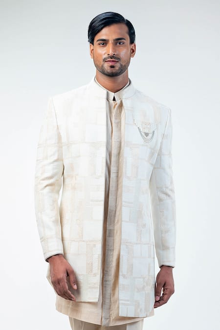 Kommal Sood_Off White Cotton Silk Hand Embroidery Abstract Sherwani Trouser Set  _at_Aza_Fashions