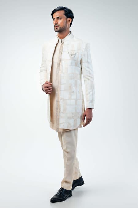 Shop_Kommal Sood_Off White Cotton Silk Hand Embroidery Abstract Sherwani Trouser Set  