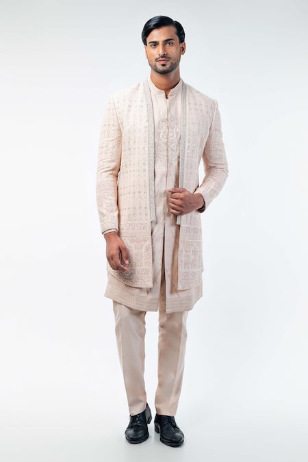 Kommal Sood Pink Cotton Silk Hand Embroidery Floral Sherwani Trouser Set  