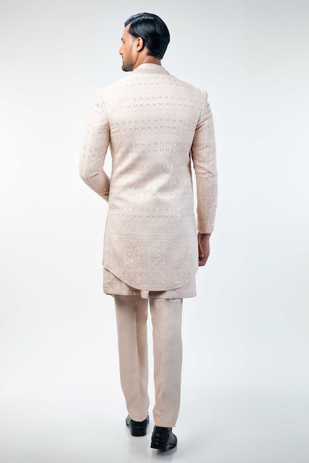 Kommal Sood_Pink Cotton Silk Hand Embroidery Floral Sherwani Trouser Set  _Online_at_Aza_Fashions