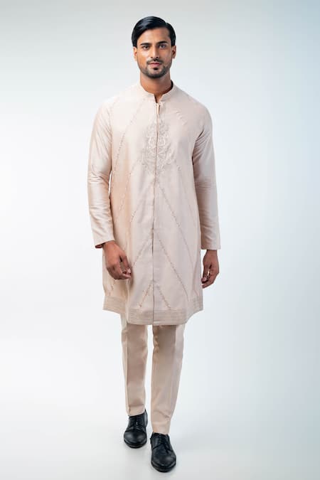 Buy_Kommal Sood_Pink Cotton Silk Hand Embroidery Floral Sherwani Trouser Set  _Online_at_Aza_Fashions