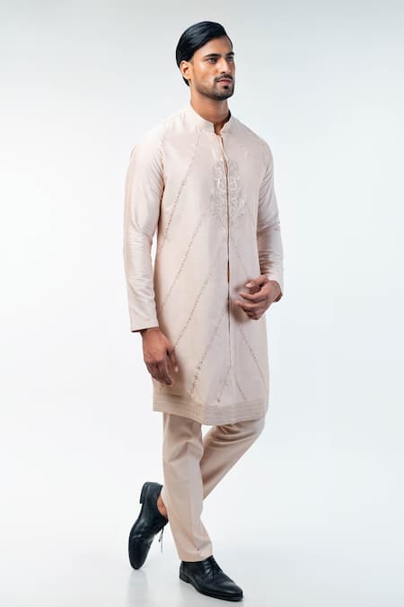 Shop_Kommal Sood_Pink Cotton Silk Hand Embroidery Floral Sherwani Trouser Set  _Online_at_Aza_Fashions