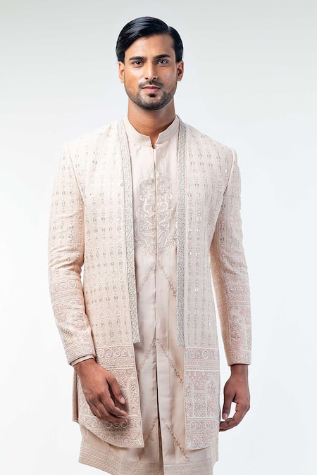 Kommal Sood_Pink Cotton Silk Hand Embroidery Floral Sherwani Trouser Set  _at_Aza_Fashions