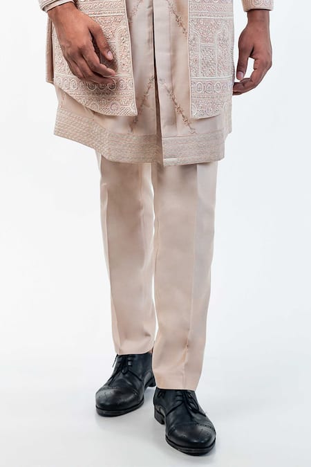 Buy_Kommal Sood_Pink Cotton Silk Hand Embroidery Floral Sherwani Trouser Set  