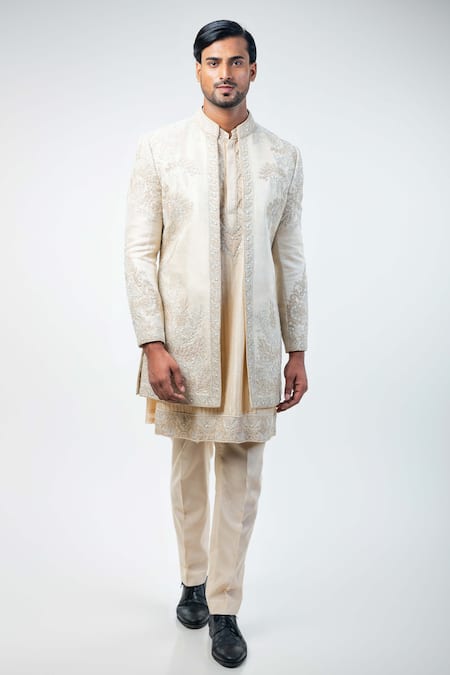 Kommal Sood Beige Cotton Silk Embroidery Flower Bloom Work Sherwani Trouser Set  