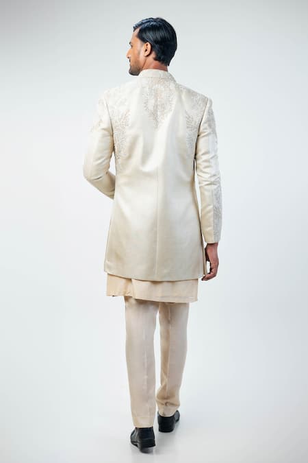 Kommal Sood_Beige Cotton Silk Embroidery Flower Bloom Work Sherwani Trouser Set  _Online_at_Aza_Fashions