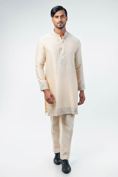 Buy_Kommal Sood_Beige Cotton Silk Embroidery Flower Bloom Work Sherwani Trouser Set  _Online_at_Aza_Fashions