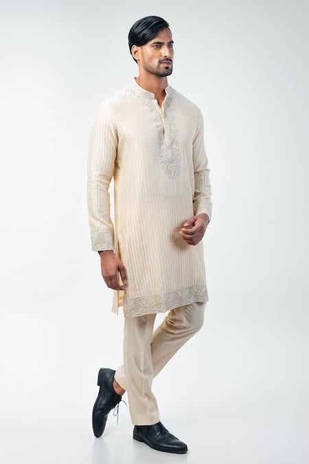 Shop_Kommal Sood_Beige Cotton Silk Embroidery Flower Bloom Work Sherwani Trouser Set  _Online_at_Aza_Fashions