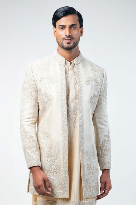 Kommal Sood_Beige Cotton Silk Embroidery Flower Bloom Work Sherwani Trouser Set  _at_Aza_Fashions
