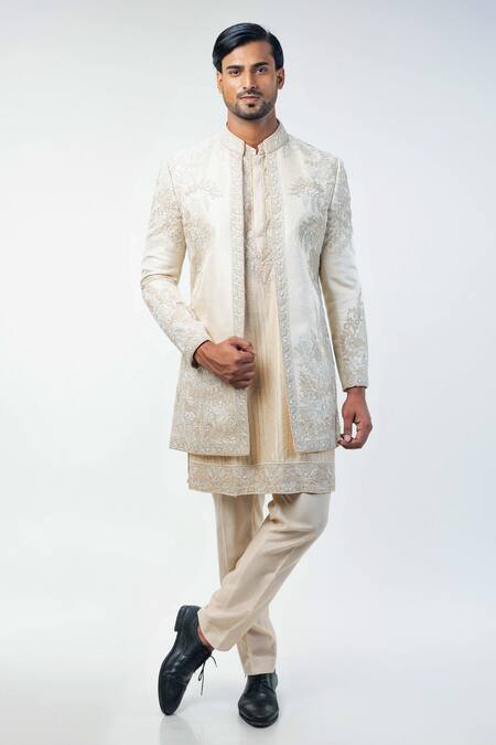 Buy_Kommal Sood_Beige Cotton Silk Embroidery Flower Bloom Work Sherwani Trouser Set  