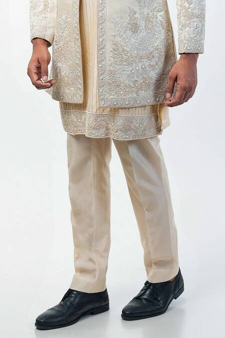 Shop_Kommal Sood_Beige Cotton Silk Embroidery Flower Bloom Work Sherwani Trouser Set  
