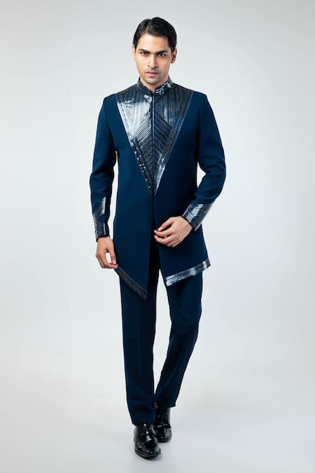 Kommal Sood_Blue Cupro Embroidery Metal Stripe Sherwani With Trouser  _Online_at_Aza_Fashions