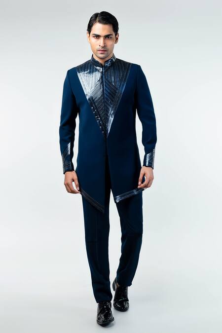 Buy_Kommal Sood_Blue Cupro Embroidery Metal Stripe Sherwani With Trouser  _Online_at_Aza_Fashions