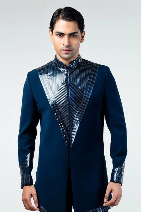 Shop_Kommal Sood_Blue Cupro Embroidery Metal Stripe Sherwani With Trouser  _Online_at_Aza_Fashions