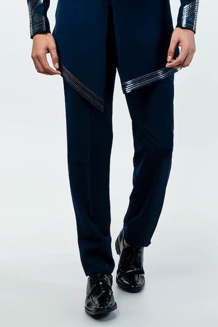 Kommal Sood_Blue Cupro Embroidery Metal Stripe Sherwani With Trouser  _at_Aza_Fashions
