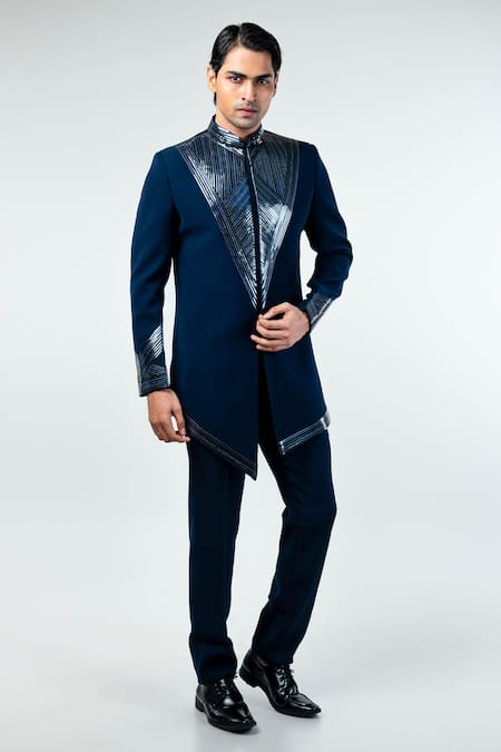 Buy_Kommal Sood_Blue Cupro Embroidery Metal Stripe Sherwani With Trouser  