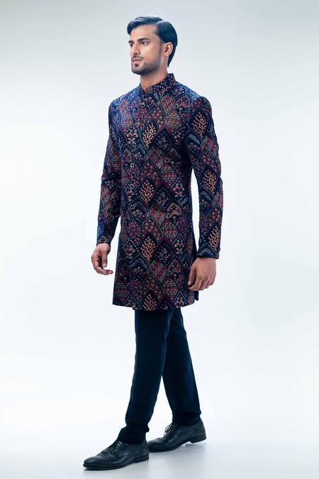 Kommal Sood_Blue Velvet Embroidery Floral Flower Thread Sherwani With Trouser  _Online_at_Aza_Fashions